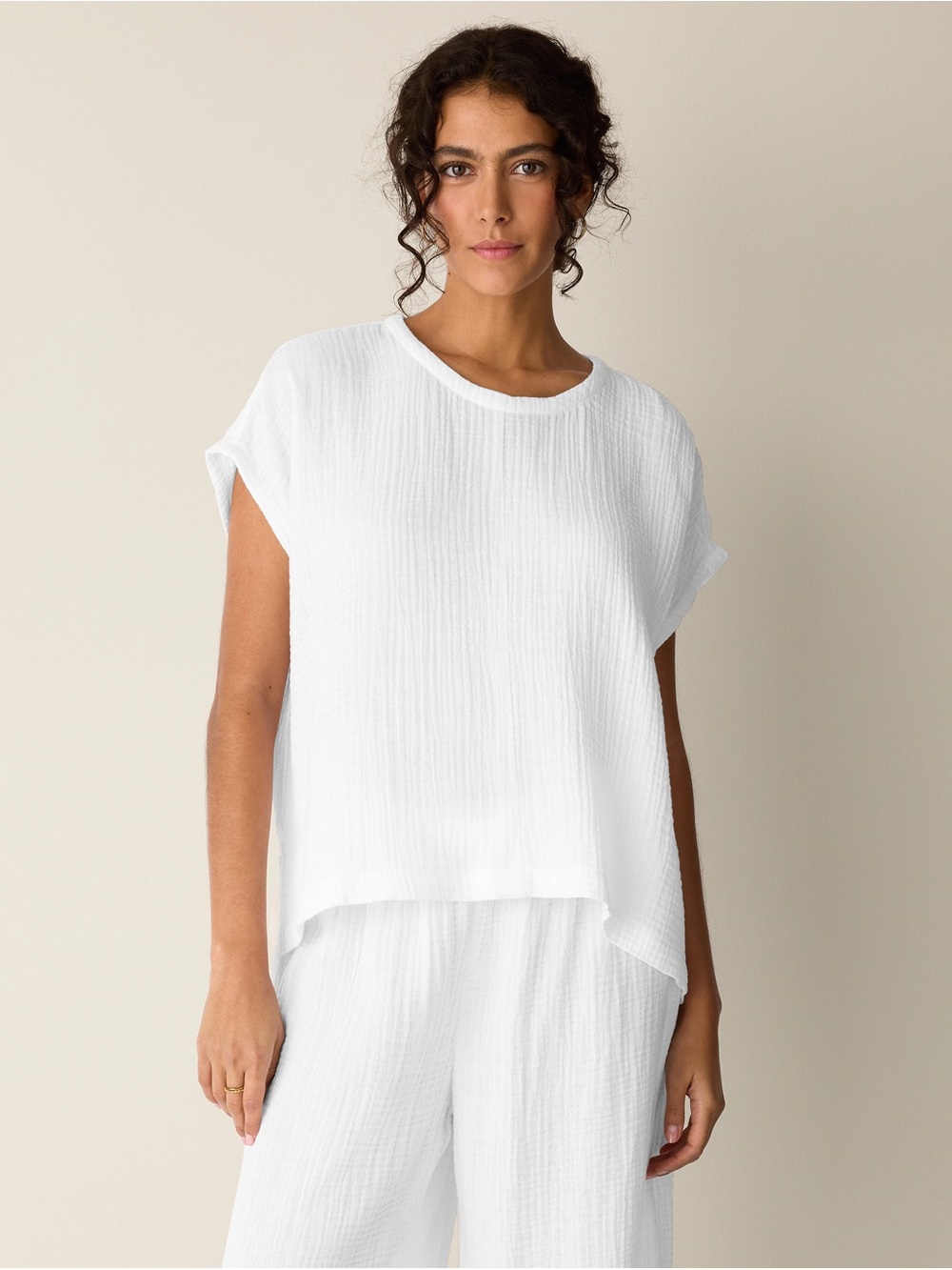 Eileen Fisher White Textured Short-Sleeve Tunic